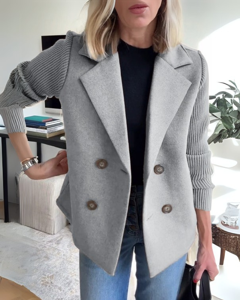 DOUBLE-BREASTED BLAZER WITH RIBBED KNIT SLEEVES