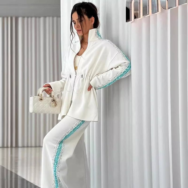 Elegant Sequin-Trimmed Top and Wide-Leg Pants 2-Piece Set