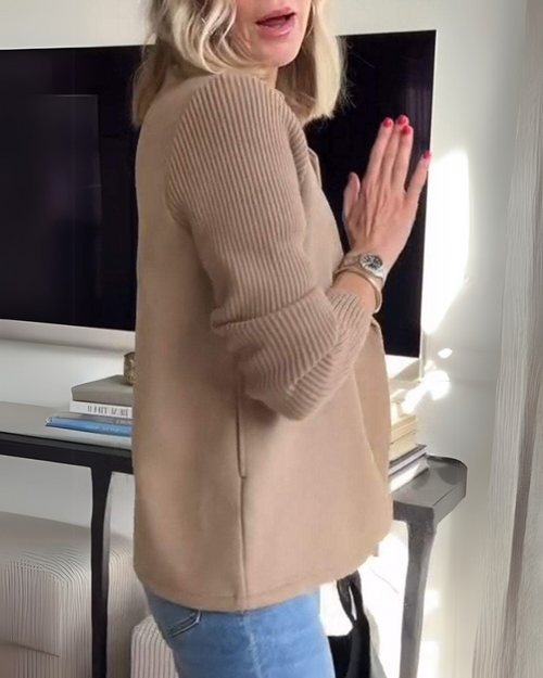 DOUBLE-BREASTED BLAZER WITH RIBBED KNIT SLEEVES