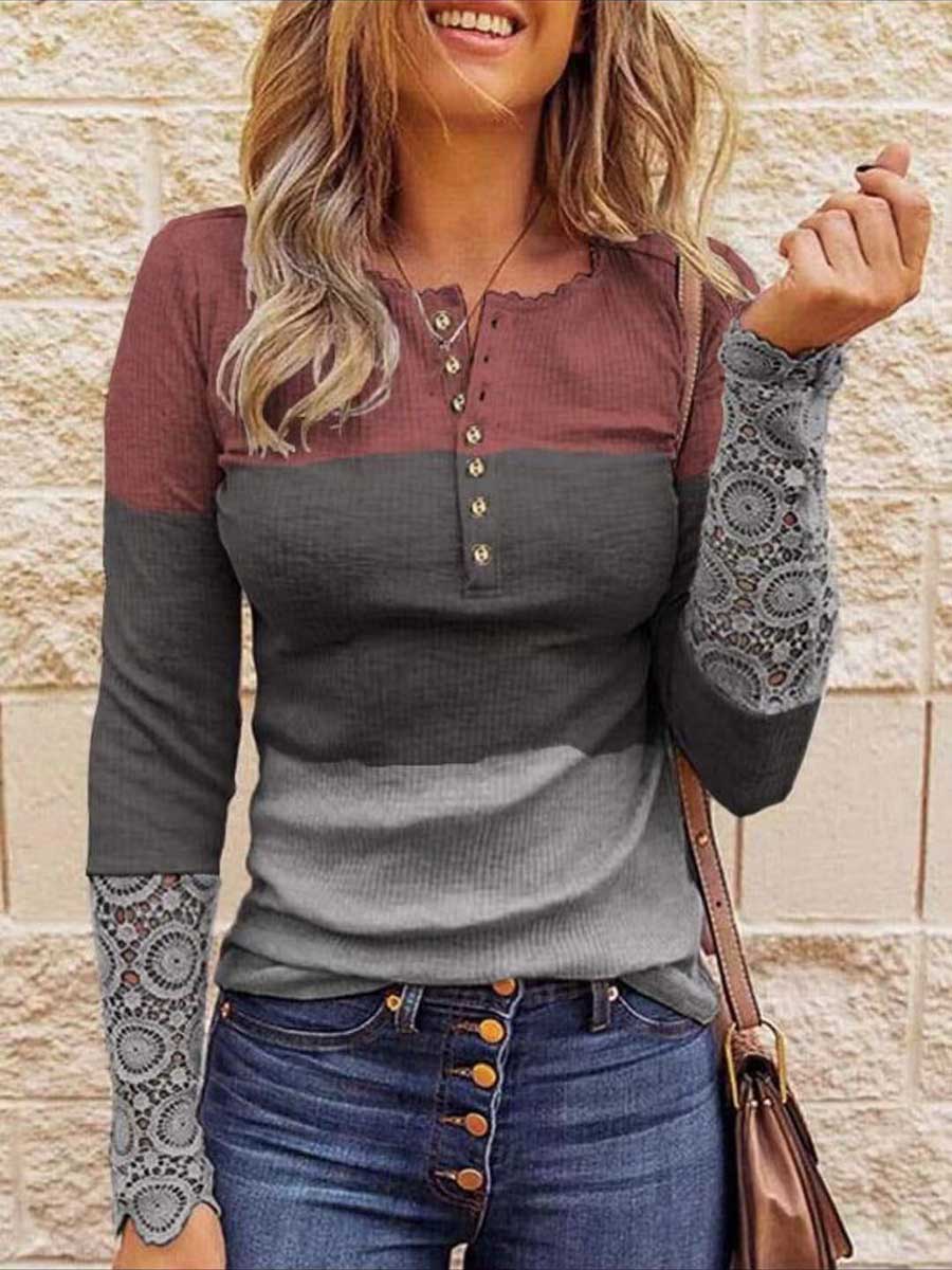Lunimesd Round Neck Stitching Lace Long Sleeve T-Shirt(14 colors)