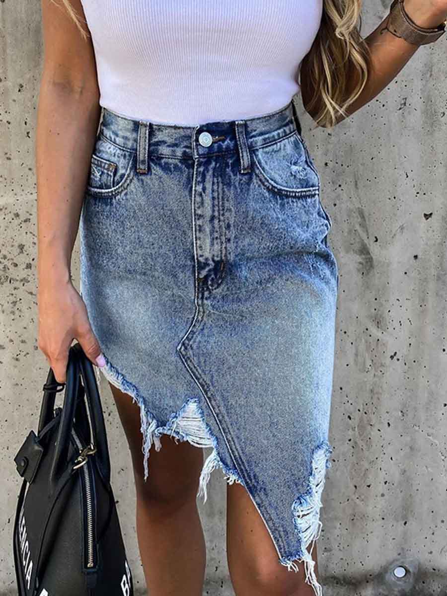 Lunimesd Irregular Fringed Denim Skirt