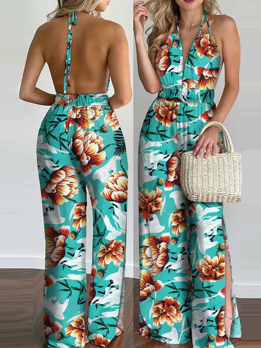 Lunimesd Printed Hanging Neck Sexy Backless Split Jumpsuit