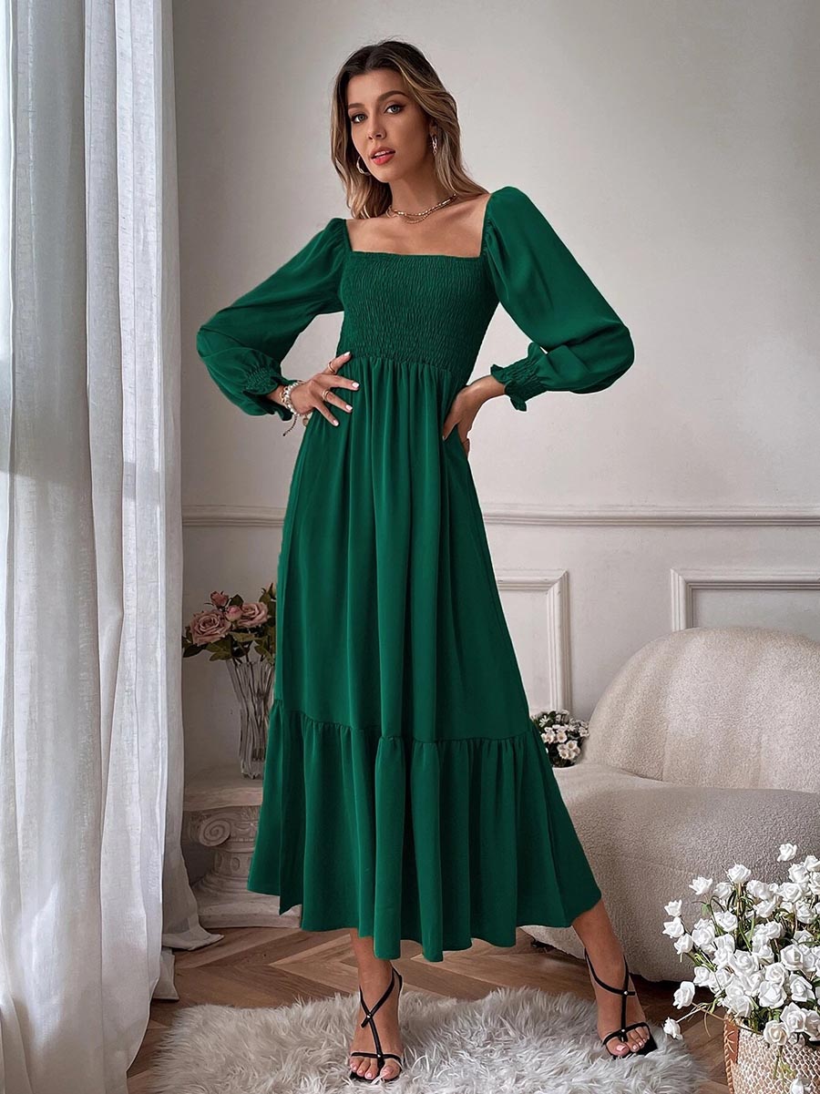 Lunimesd Square Neck Long Sleeve Ruffle High Waist Dress (5 colors)