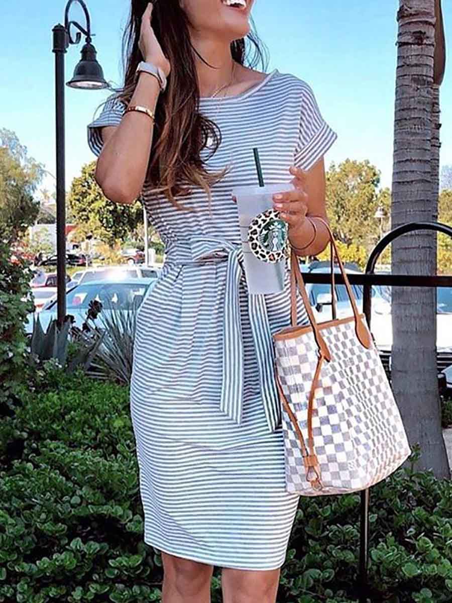 Lunimesd Short Sleeve Pinstripe Round Neck Casual Wear Dress
