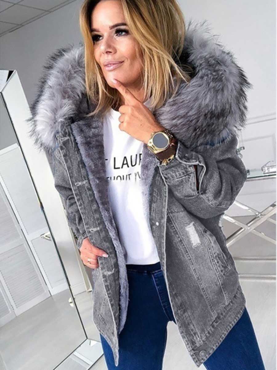 Lunimesd Padded Warm Hole Large Fur Collar Denim Jacket(4 colors)
