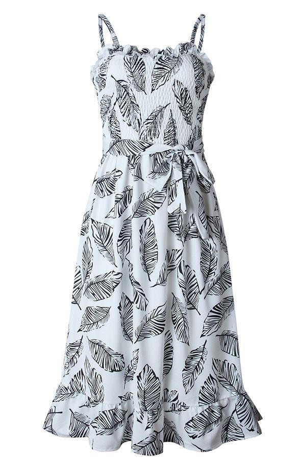 Lunimesd Sleeveless Leaf Print Spaghetti Strap Casual Wear Dress