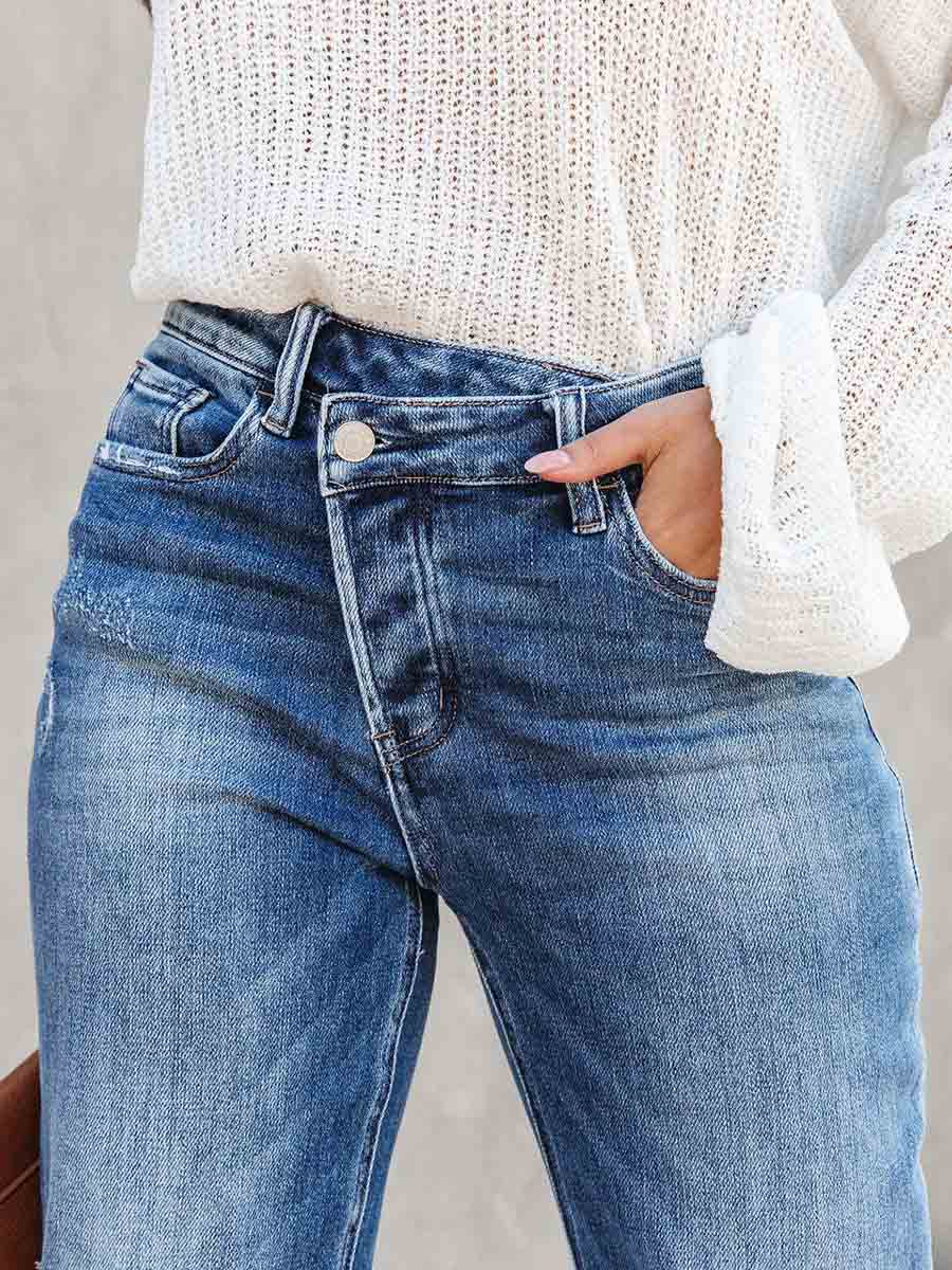 Casual Street Solid Make Old Asymmetrical Straight Denim Jeans