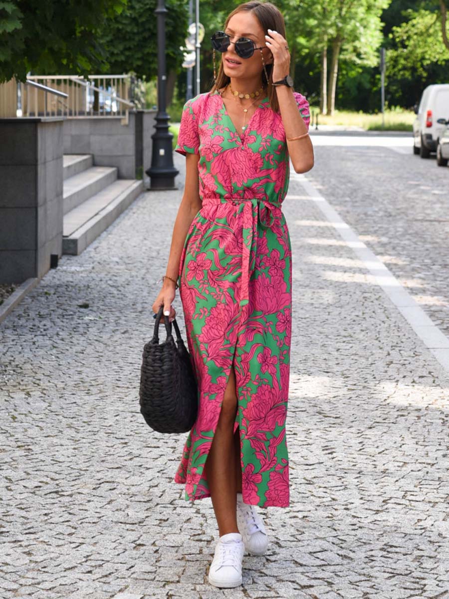 V-Neck Printed Iace Up Dress