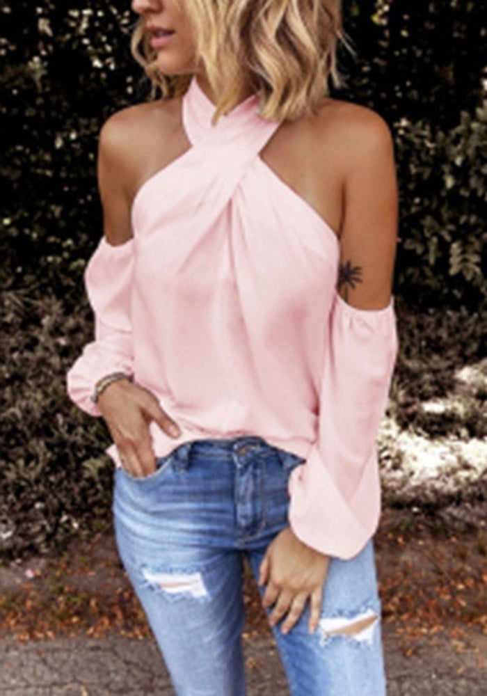 Veleaee Criss Cross Halter Solid Sleeveless Top