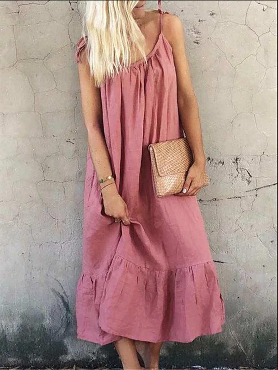 Lunimesd Cotton Linen Halter Solid Color Ruffle Dress