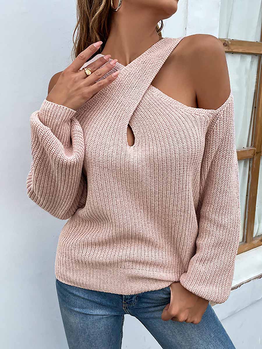 Lunimesd Solid Color Crossed Hanging Shoulder Knit Sweater
