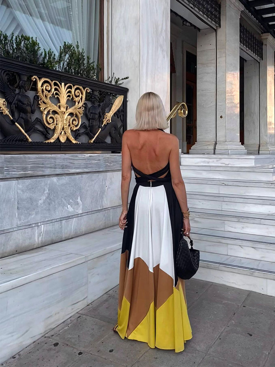 Colorblock Backless Maxi Dress