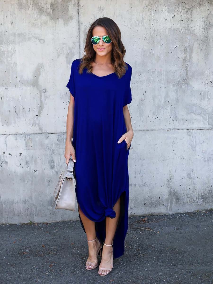 Lunimesd V-Neck Pocket Split Dress(8 colors)