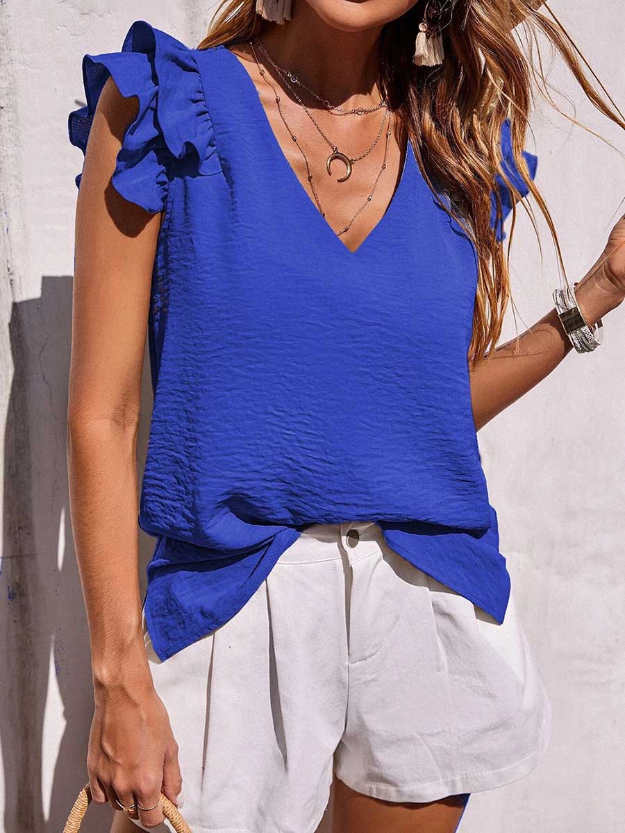 Lunimesd Casual V-Neck Ruffle Sleeveless Shirt (5 Colors)