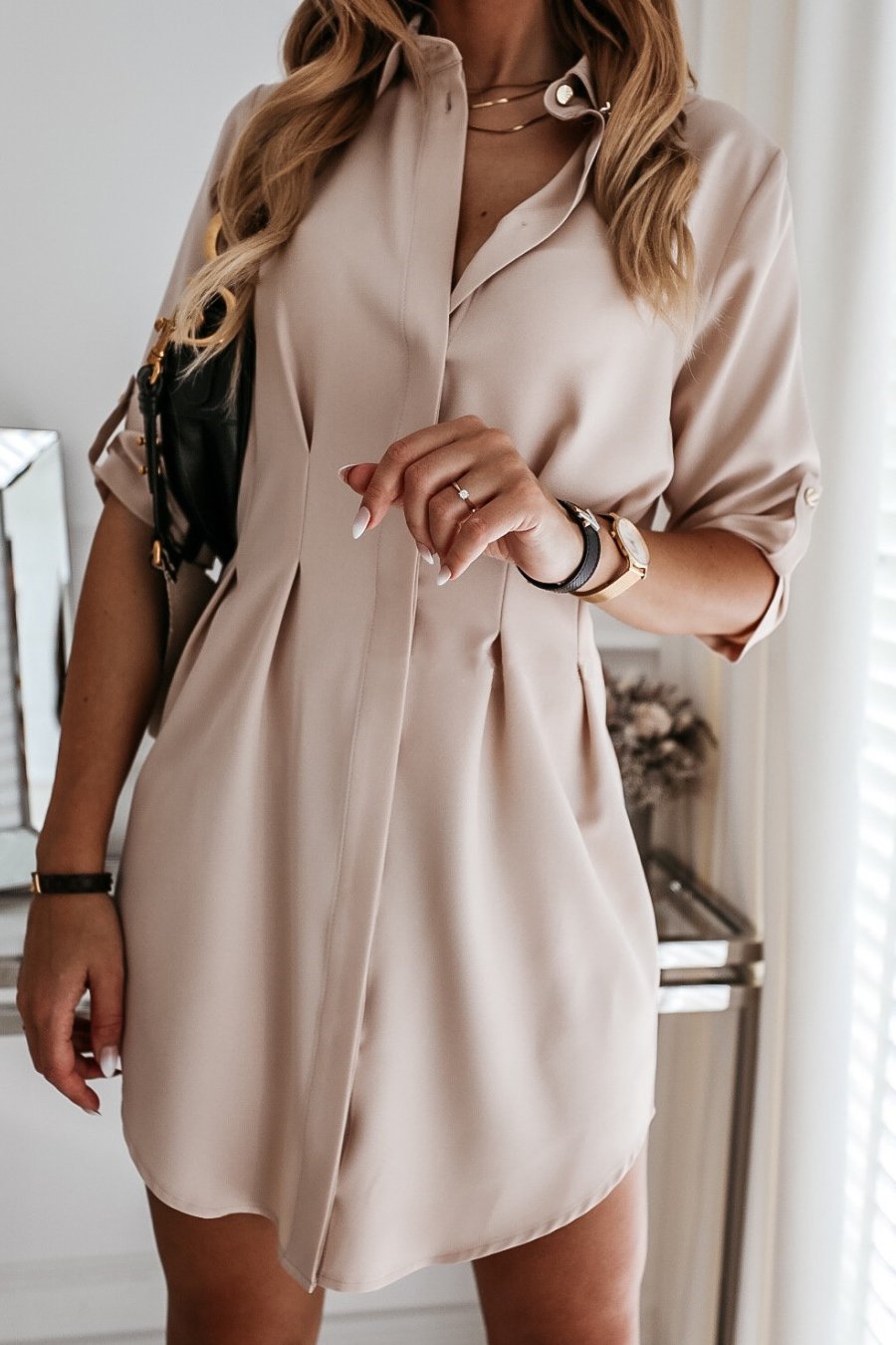 Lunimesd Solid Color Shirt Collar Mini Dreess