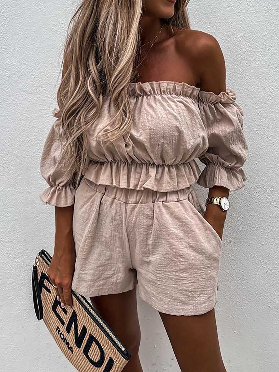 Lunimesd Summer Off Shoulder Linen Shorts Suit