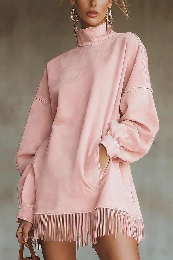 SUEDE HIGH-NECK TASSEL MINI DRESS