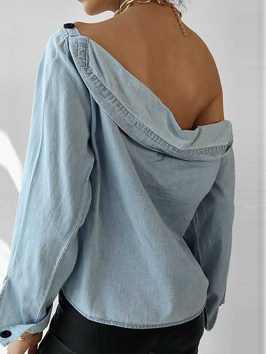 Lunimesd Off-Shoulder Button Denim Shirt