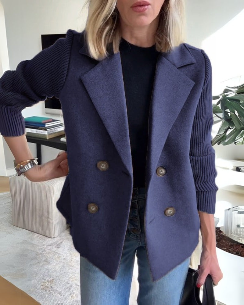 DOUBLE-BREASTED BLAZER WITH RIBBED KNIT SLEEVES
