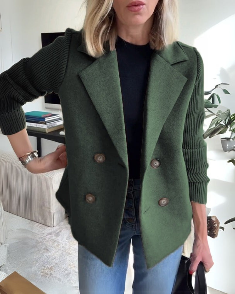 DOUBLE-BREASTED BLAZER WITH RIBBED KNIT SLEEVES