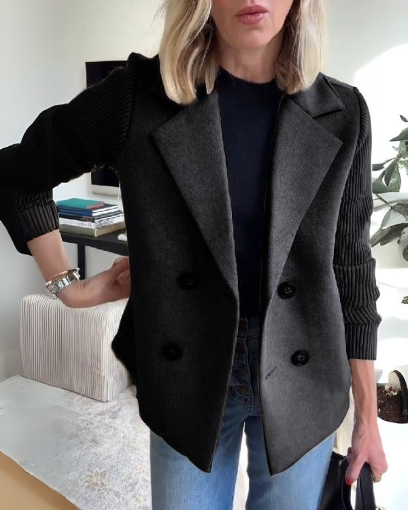DOUBLE-BREASTED BLAZER WITH RIBBED KNIT SLEEVES