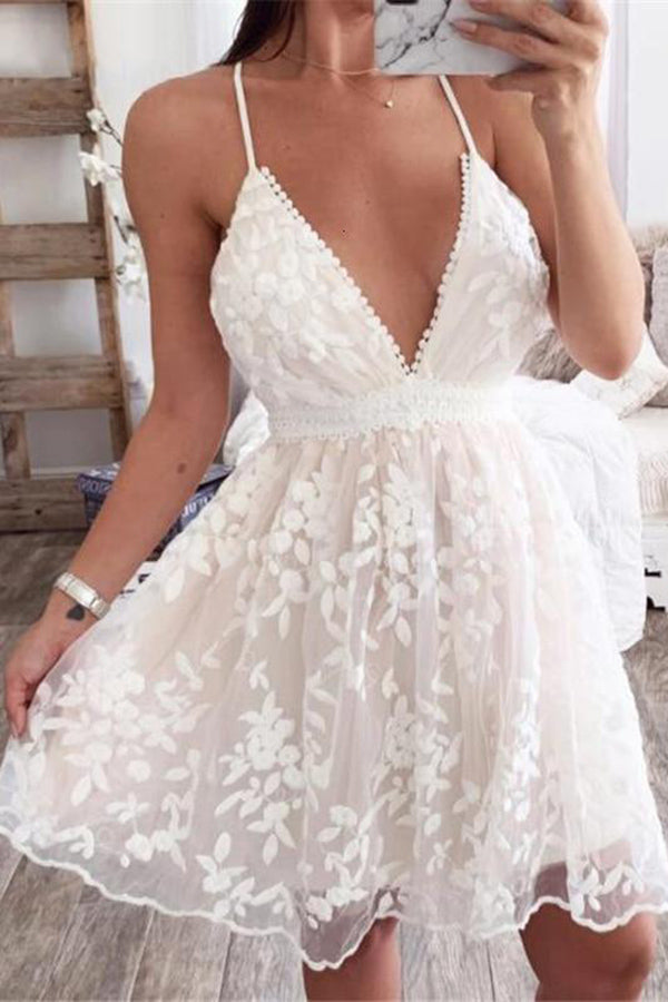 Lunimesd V-Neck Lace Embroidered White Dress