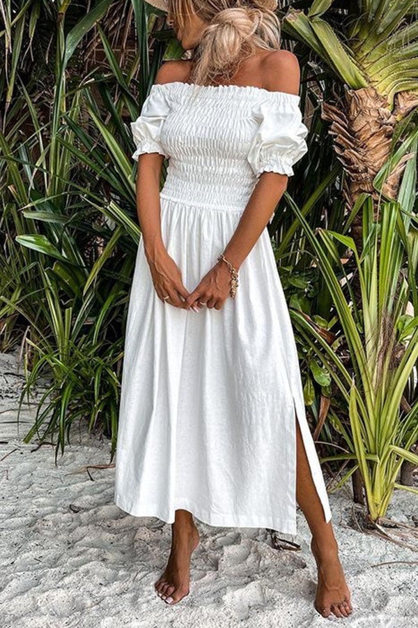 Lunimesd Forever After All Smocked Off Shoulder Slit Dress