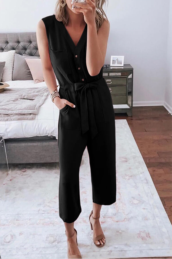 Lunimesd Buttoned Sleeveless Cropped Jumpsuit With Sash