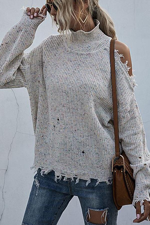 Lunimesd Loose Off-shoulder Ripped Long-sleeved High-neck Knitted Sweater