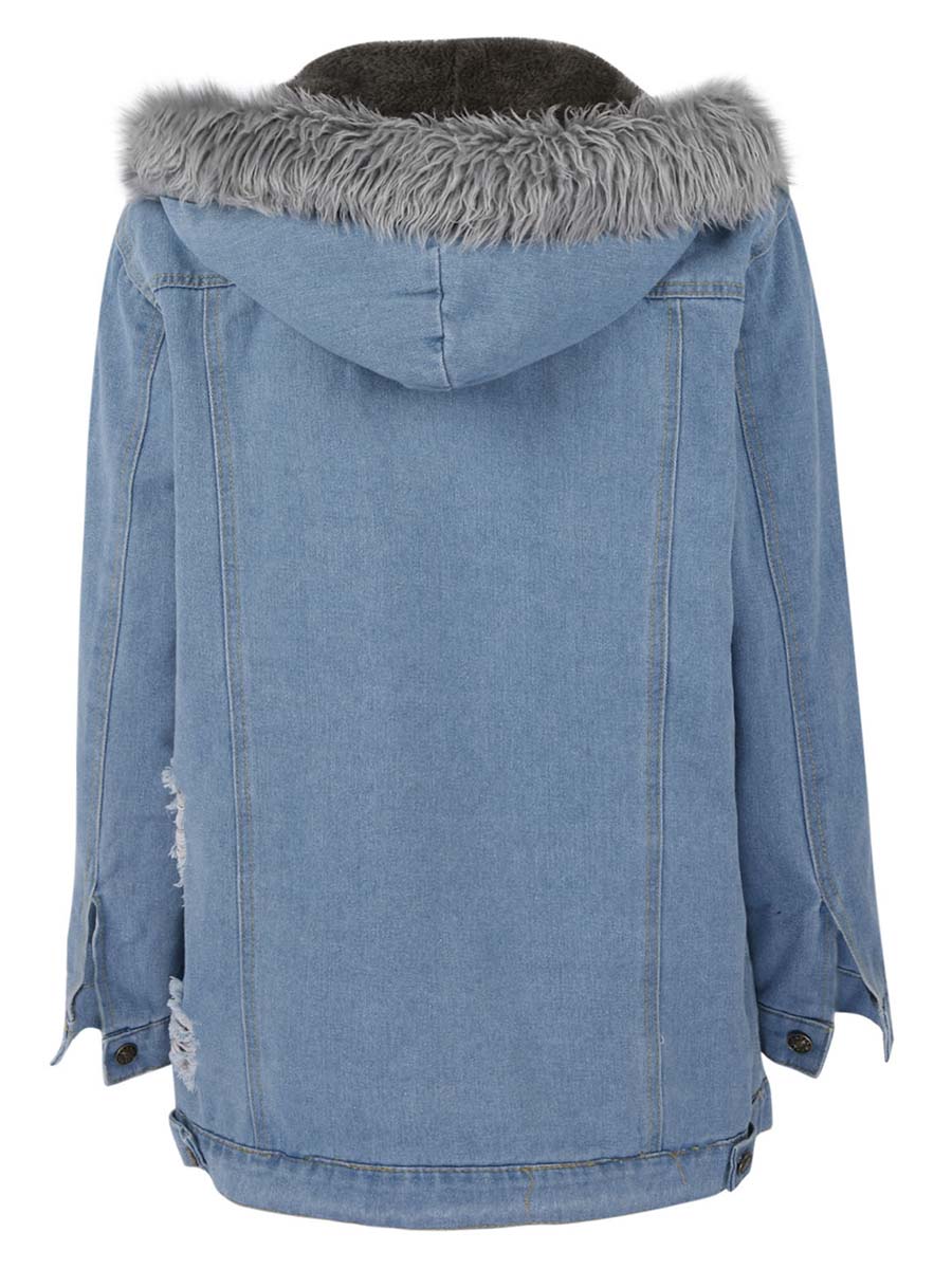 Lunimesd Padded Warm Hole Large Fur Collar Denim Jacket(4 colors)