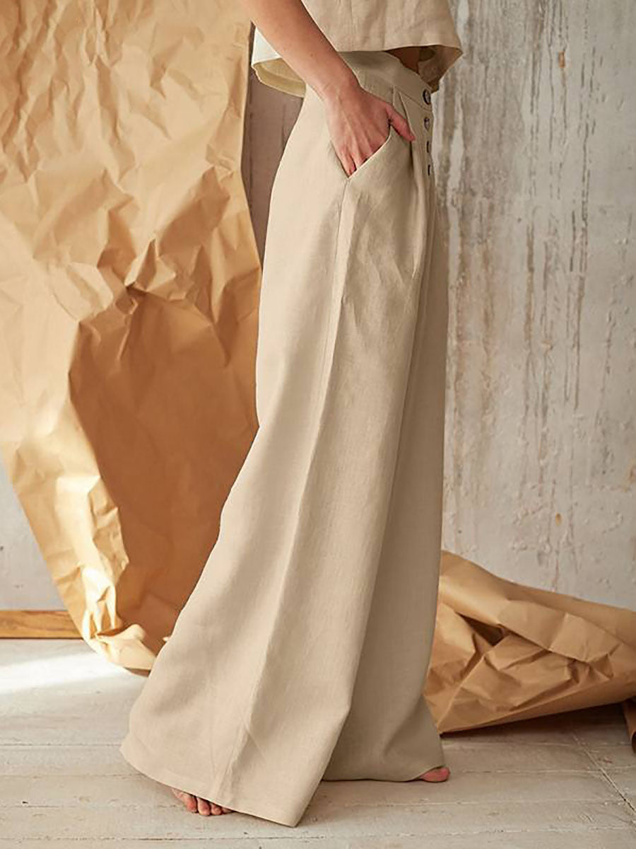 Lunimesd Solid Color High Waist Casual Button Wide Leg Pants