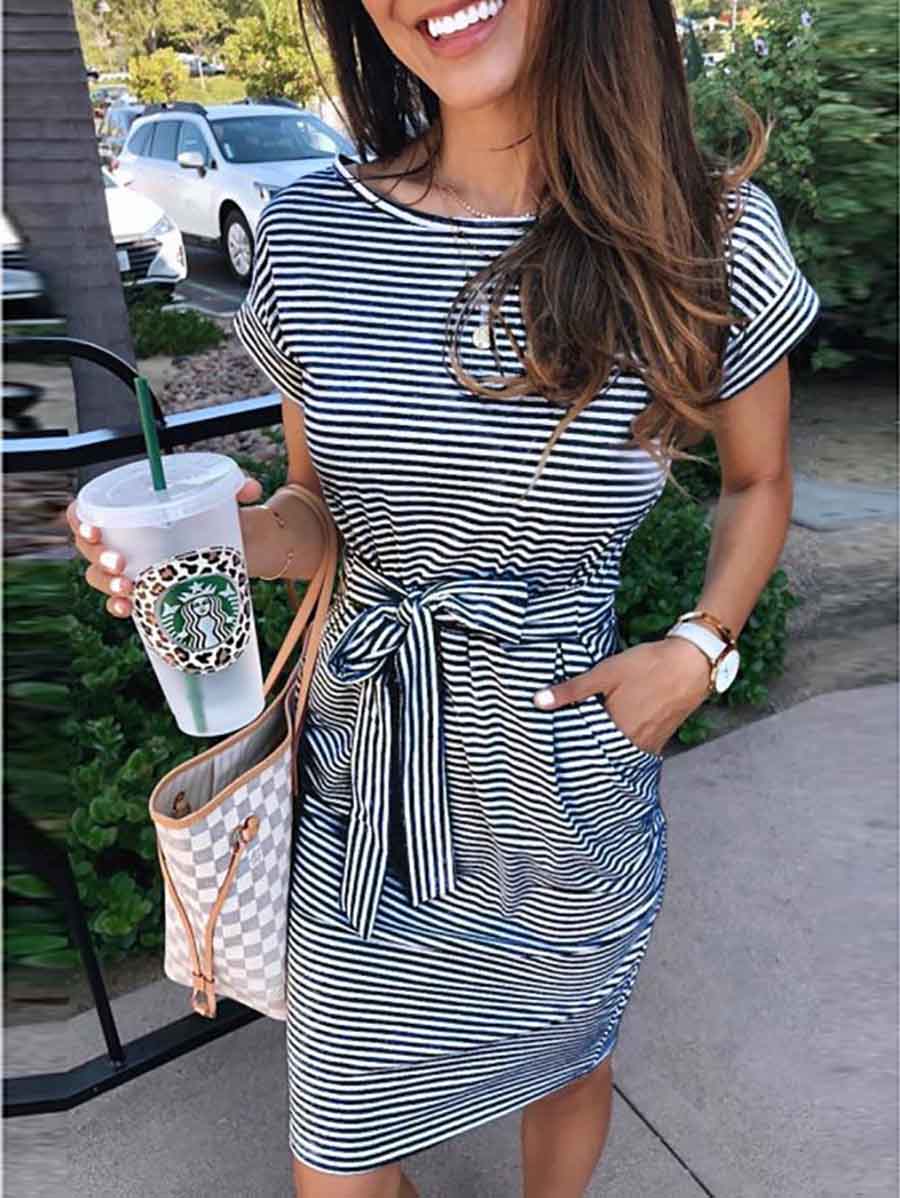 Lunimesd Short Sleeve Pinstripe Round Neck Casual Wear Dress