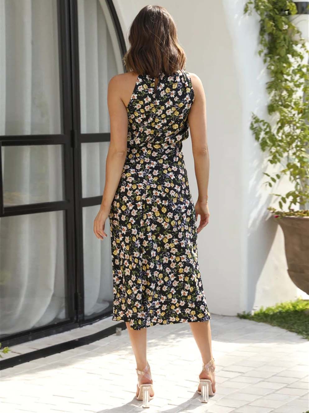 Lunimesd Sleeveless Hanging Neck Solid Color Satin Dress(6 Colors)