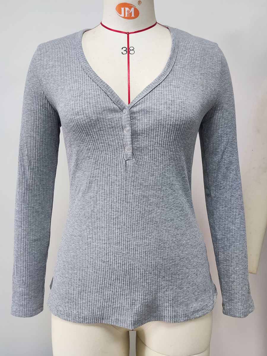 Lunimesd Solid Color V-Neck Long-Sleeved T-Shirt