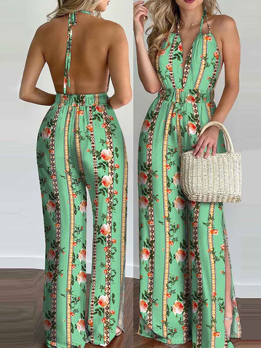 Lunimesd Printed Hanging Neck Sexy Backless Split Jumpsuit
