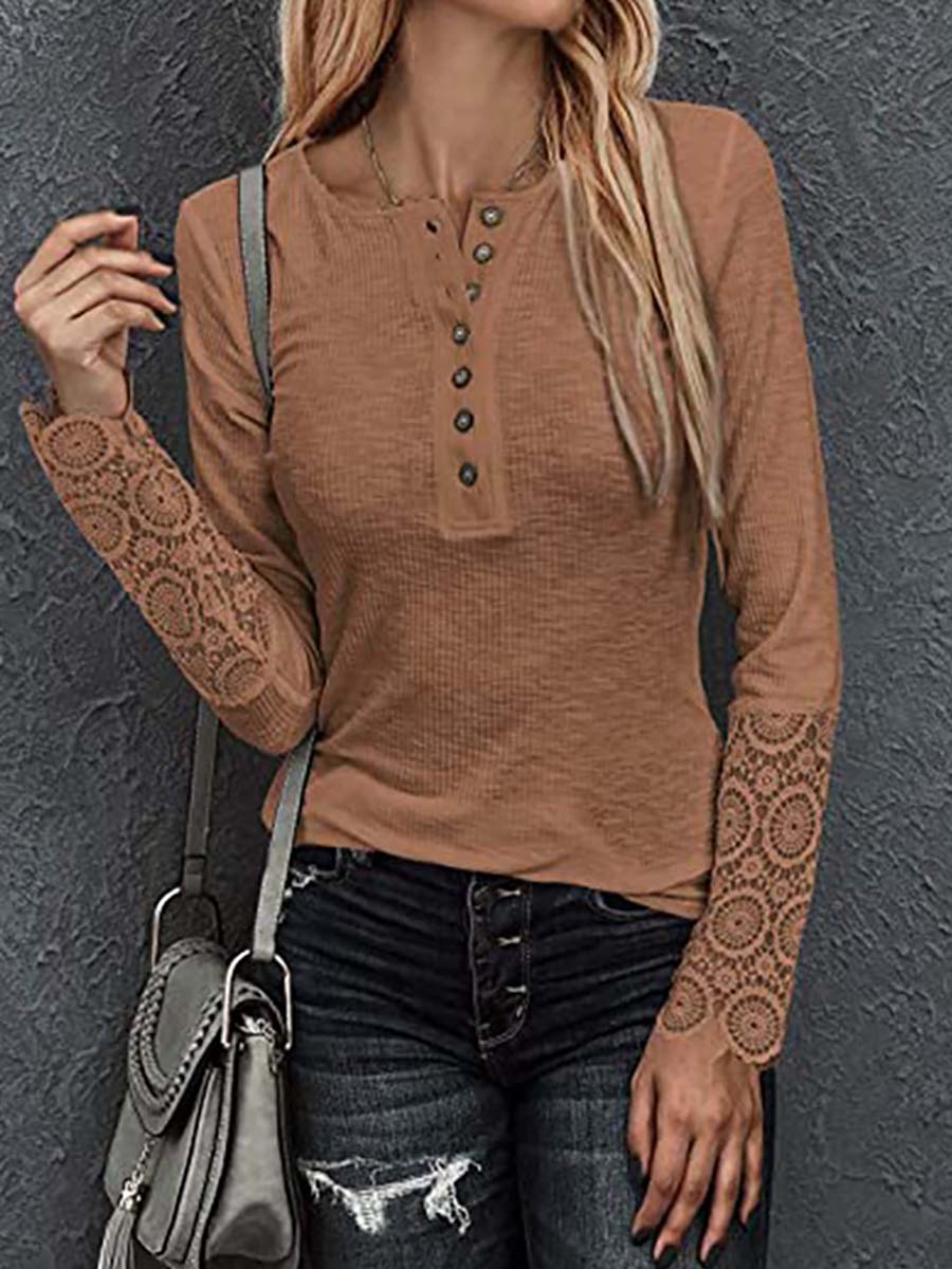 Lunimesd Round Neck Stitching Lace Long Sleeve T-Shirt(14 colors)