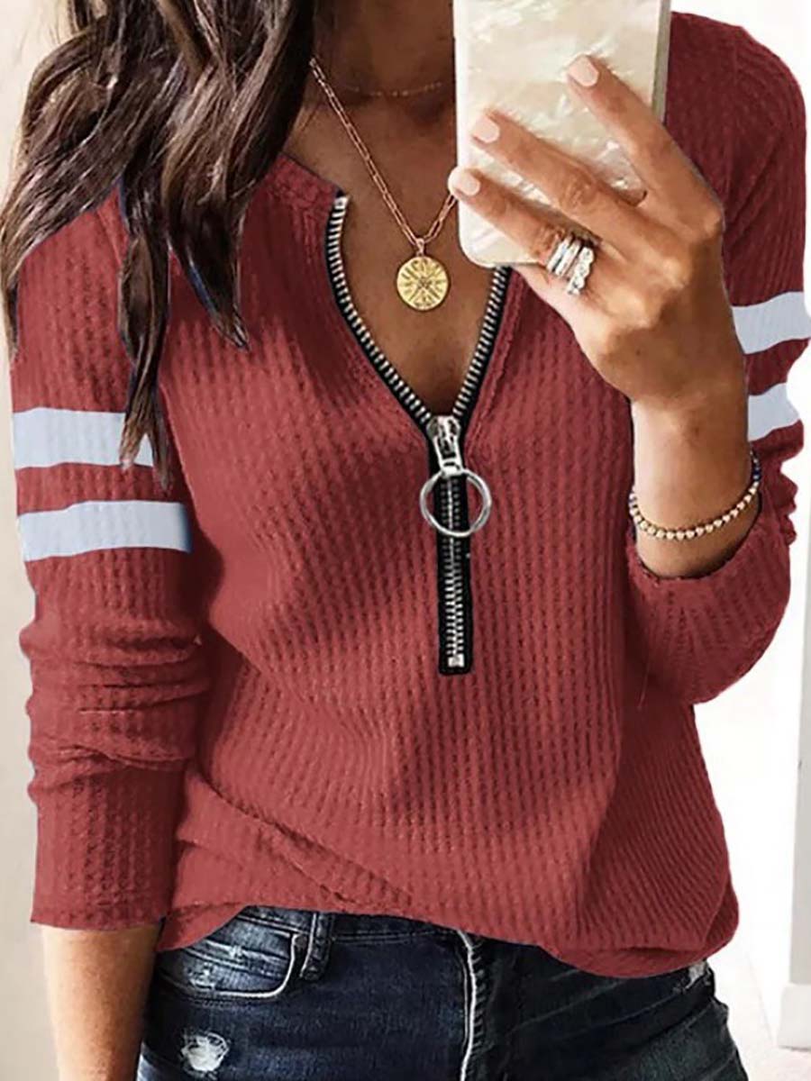 Lunimesd V-Neck Zipper Splicing Long Sleeve T-shirt(6 colors)