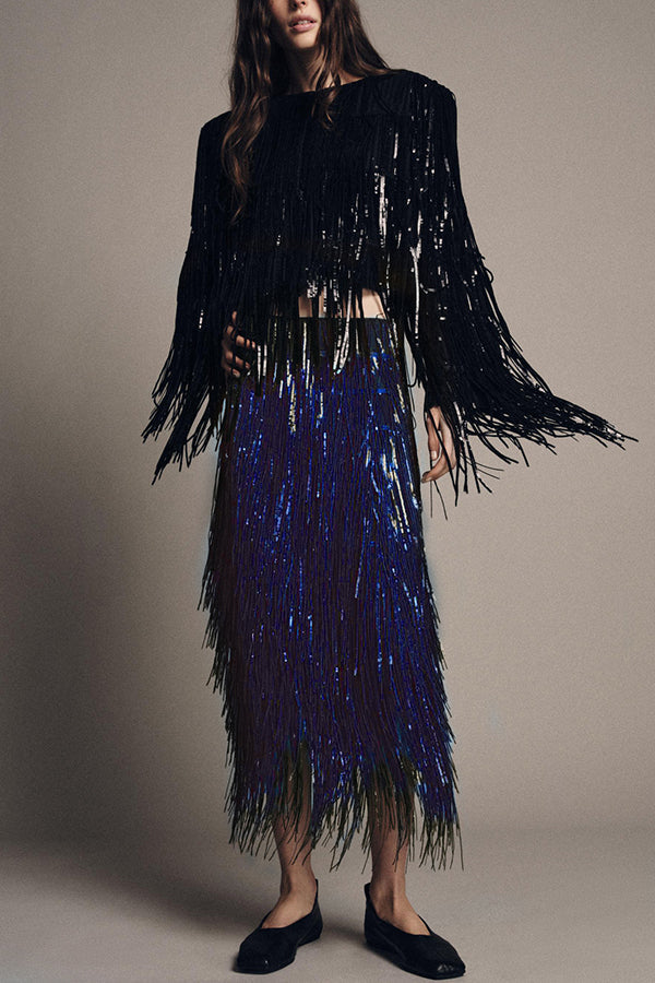 SEQUIN TASSEL HIGH RISE MIDI SKIRT