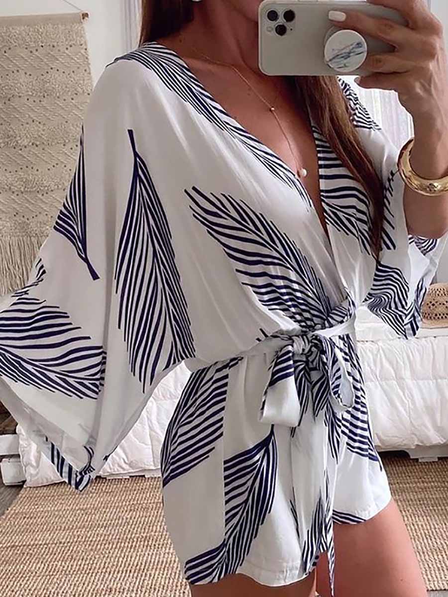 Lunimesd Plant Print Bat Sleeve Kimono Romper
