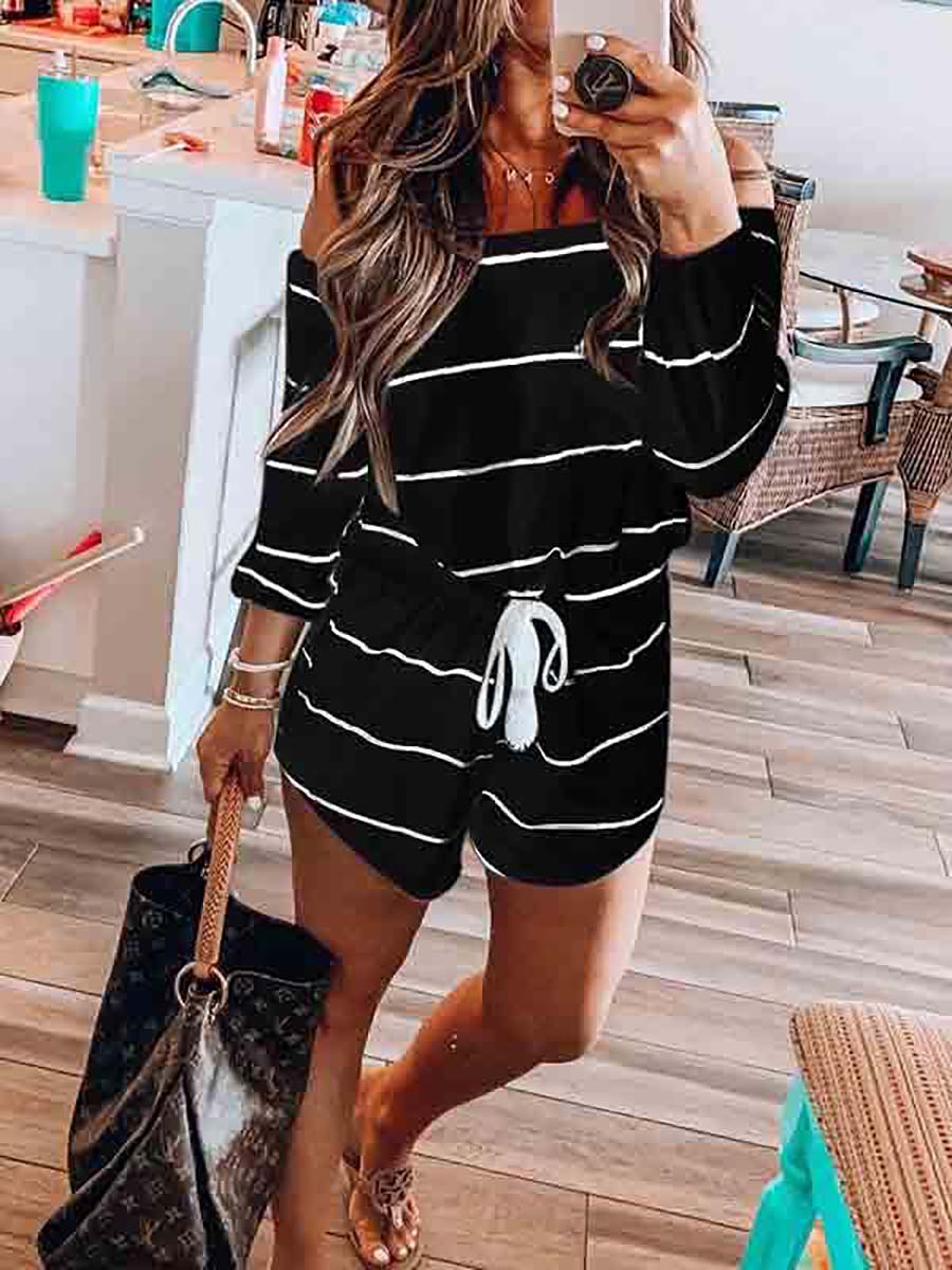 Lunimesd Long Sleeve Striped Off Shoulder Casual Wear Romper