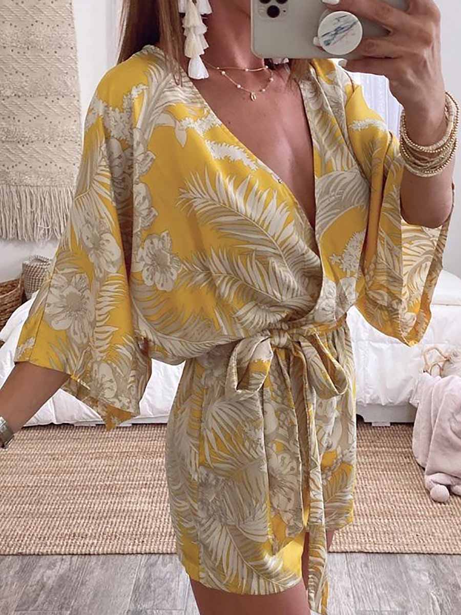 Lunimesd Plant Print Bat Sleeve Kimono Romper
