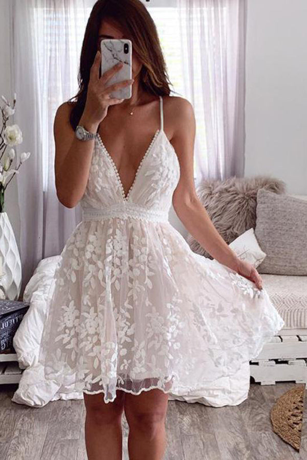 Lunimesd V-Neck Lace Embroidered White Dress
