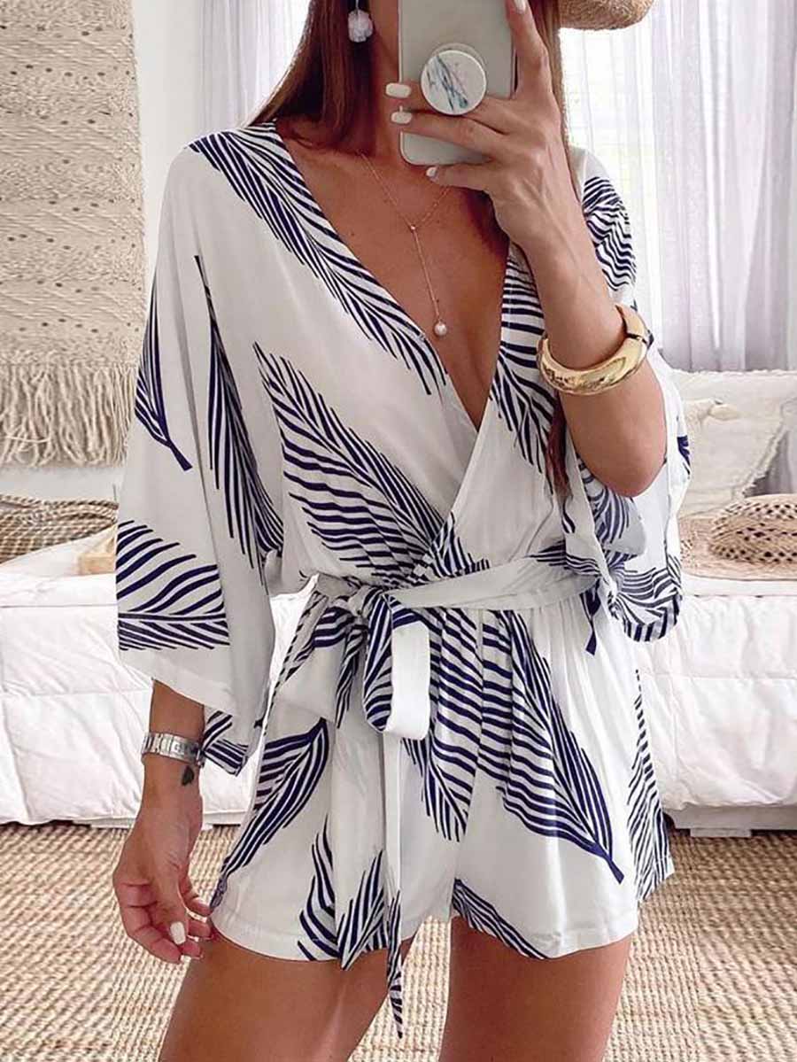 Lunimesd Plant Print Bat Sleeve Kimono Romper