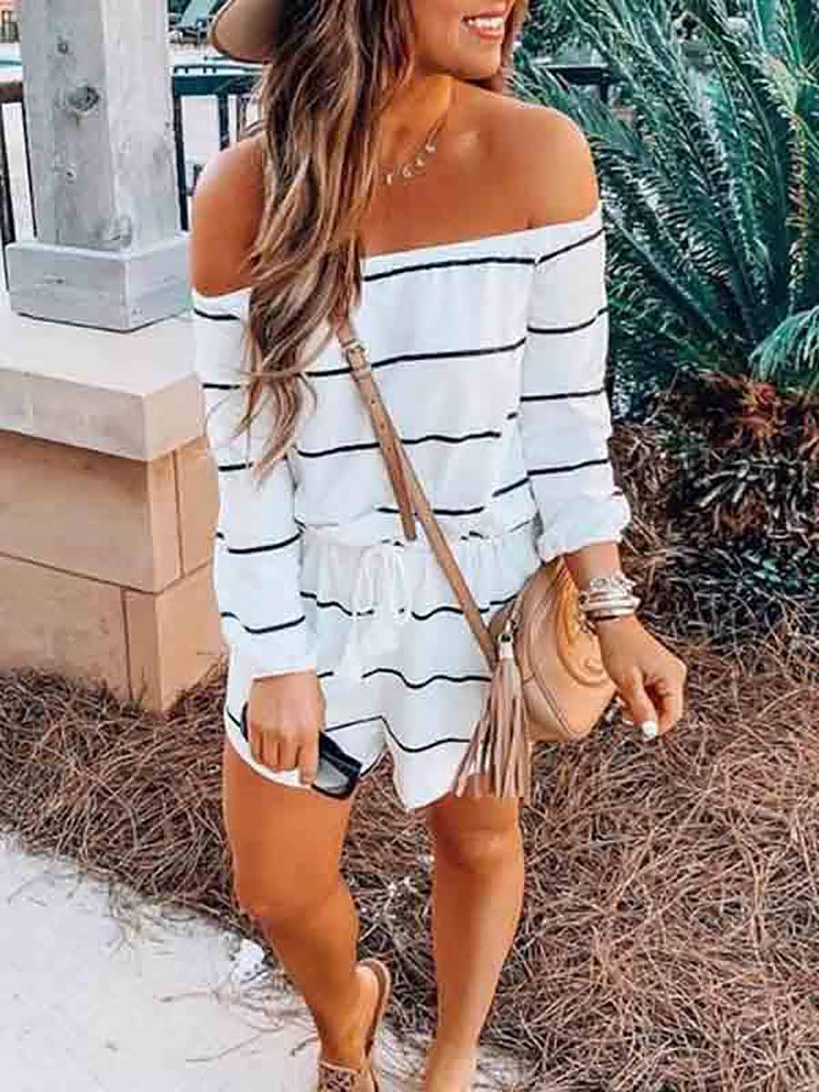 Lunimesd Long Sleeve Striped Off Shoulder Casual Wear Romper