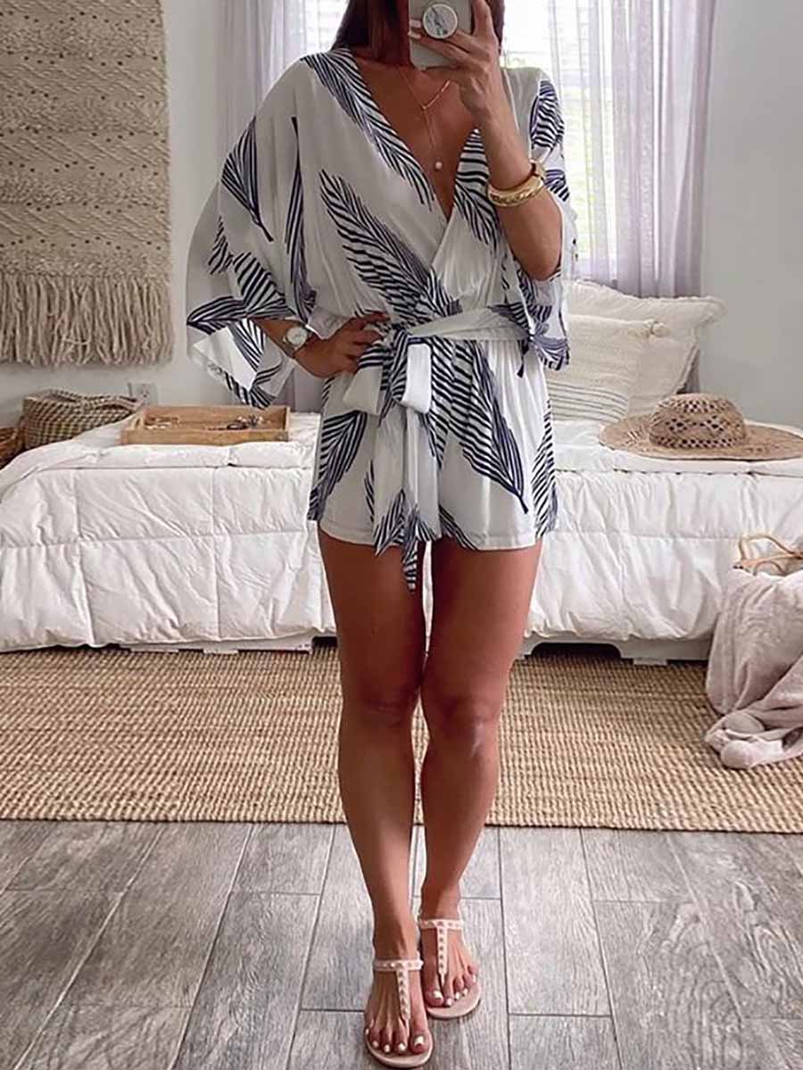 Lunimesd Plant Print Bat Sleeve Kimono Romper