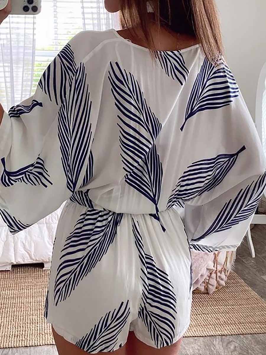 Lunimesd Plant Print Bat Sleeve Kimono Romper