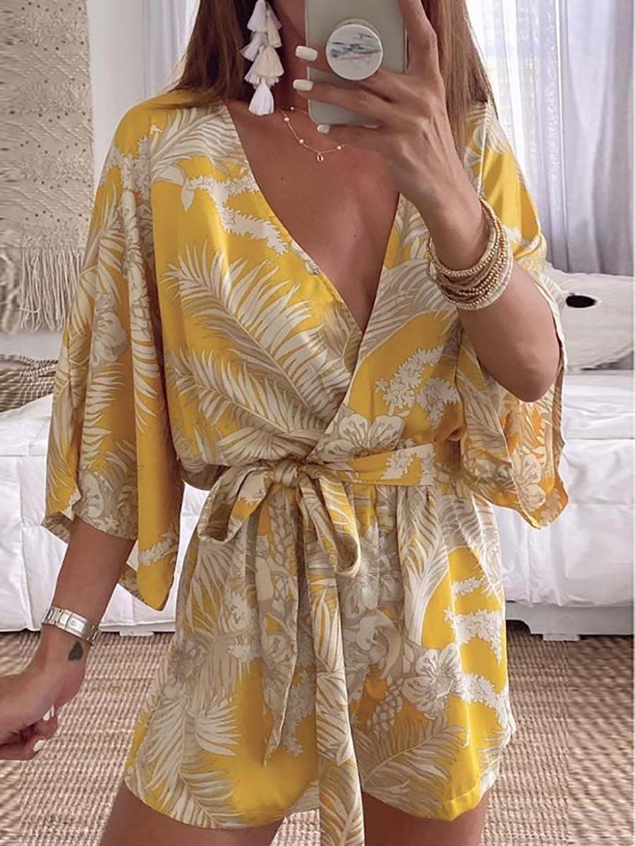 Lunimesd Plant Print Bat Sleeve Kimono Romper