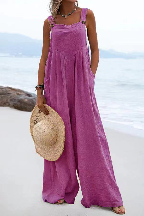 Lunimesd Ethnic Button Suspender Wide Leg Line Jumpsuit