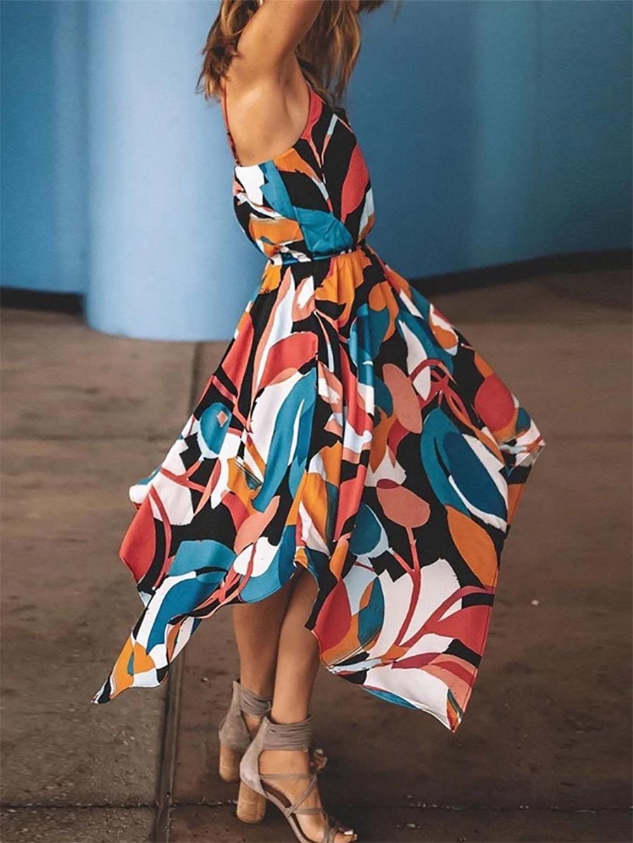 Lunimesd Spaghetti Straps Printed Multicolor Midi Dress