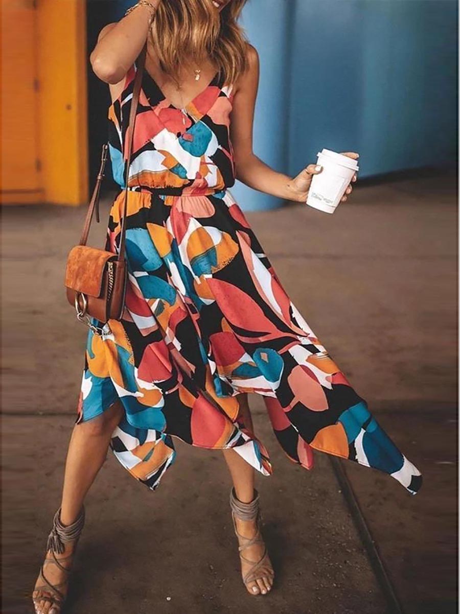 Lunimesd Spaghetti Straps Printed Multicolor Midi Dress